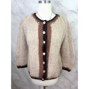 Vtg 70s 60s Famelia Italian Mohair Gray Hand Knit Chunky Cardigan Sweater Retro